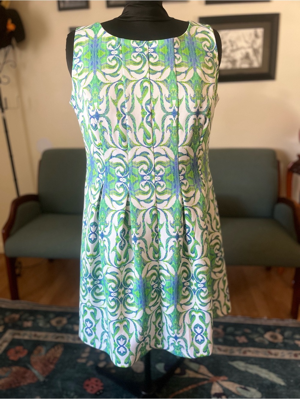 Gabby Skye Blue and Green Scroll-Print sleeveless dress